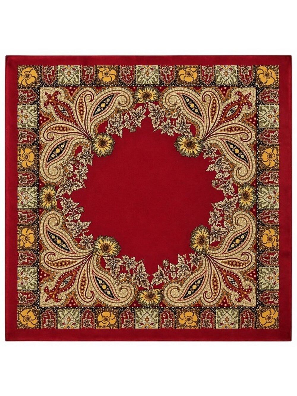 Luxury Paisley Floral Satin Scarf for Women – 35” Square Burgundy Red Gold Sage